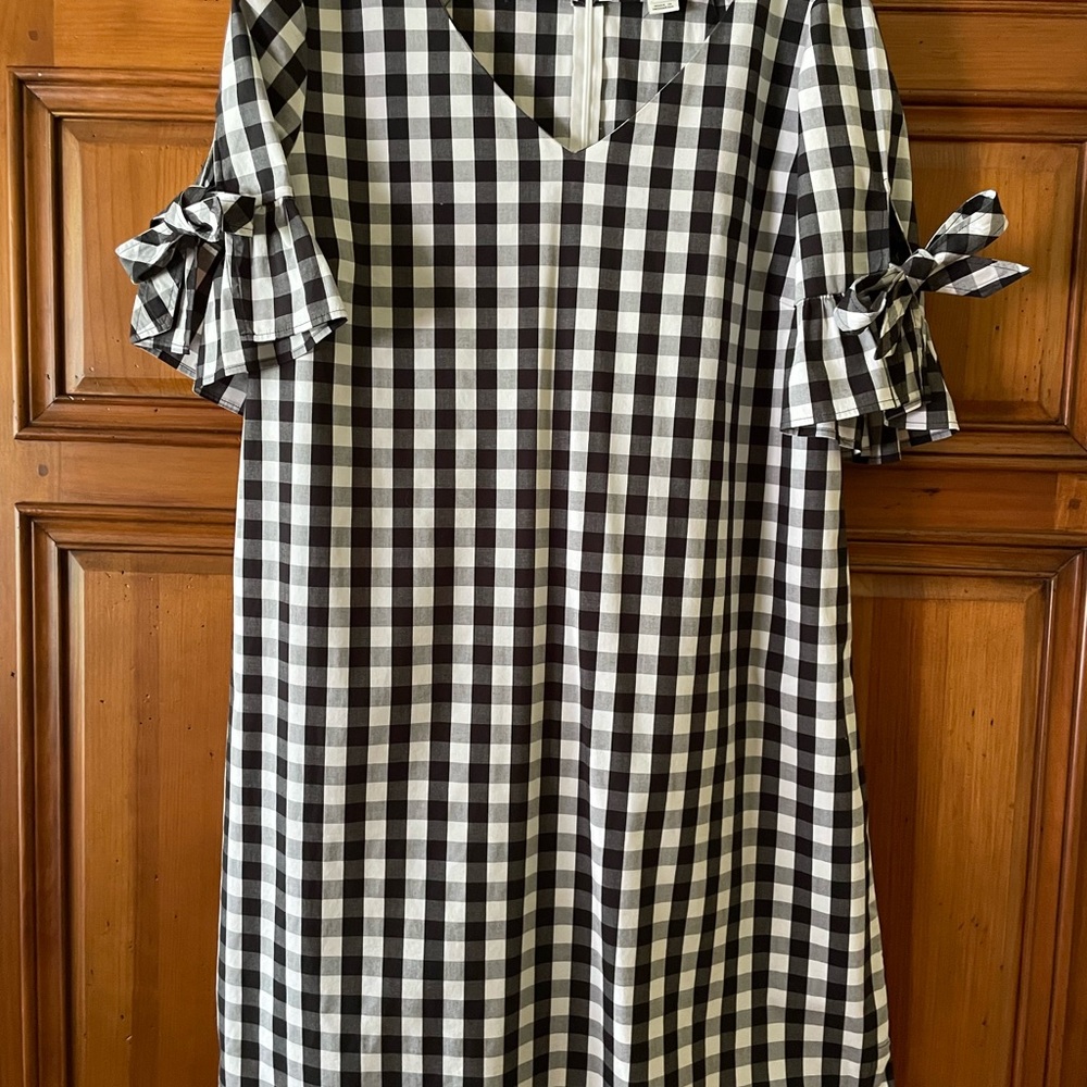 J. Crew Black and White Gingham Dress with Bow Sleeves
